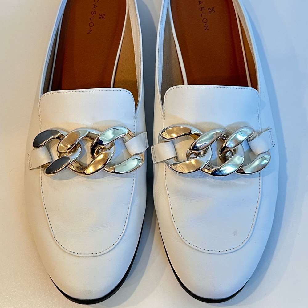Caslon mules in white with silver hardware
